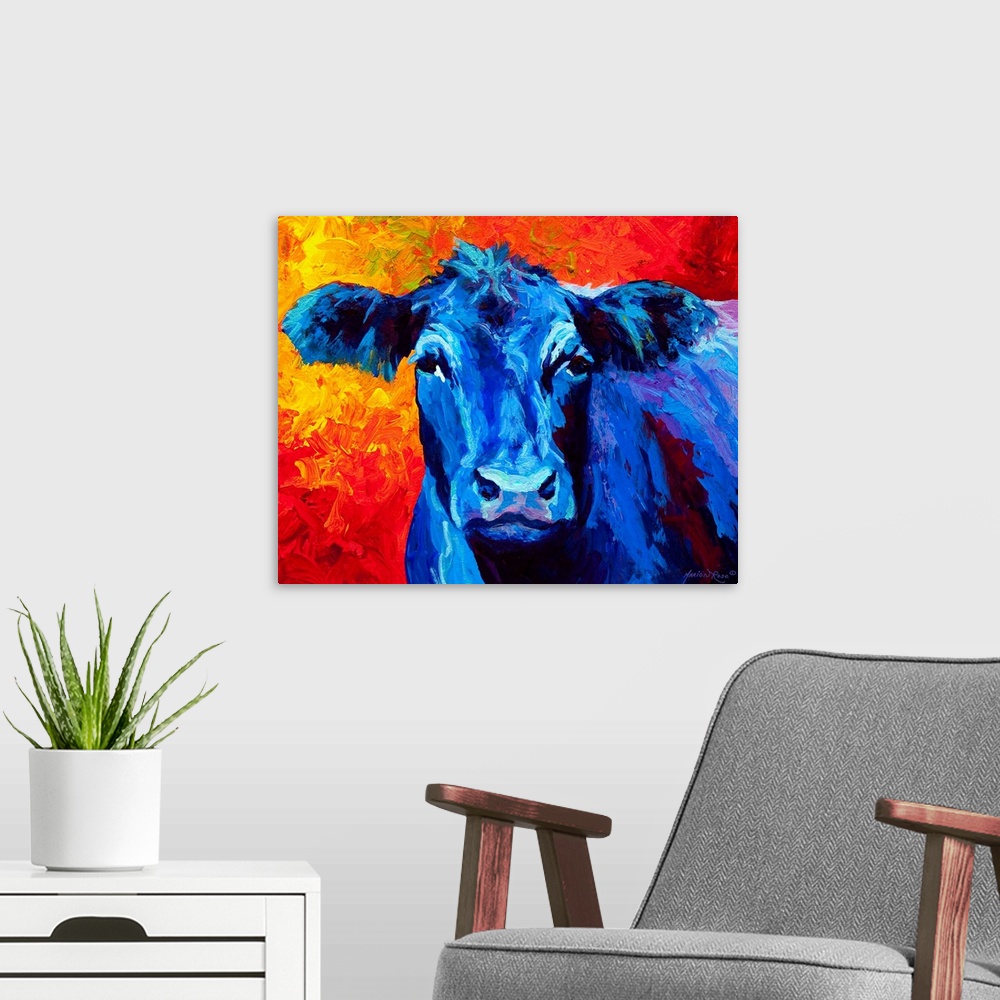 A modern room featuring A contemporary portrait of a barn yard animal painted with bold brushstrokes and unusual colors.