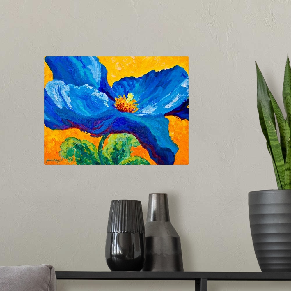 A modern room featuring Big upclose painting of a blue poppy flower on a vibrant background. Strokes create a rough texture.