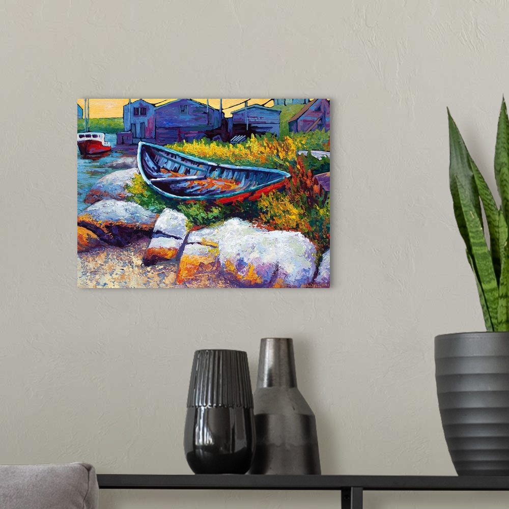 A modern room featuring Colorful contemporary painting of a row boat sitting in a patch of grass on a pile of rocks with ...