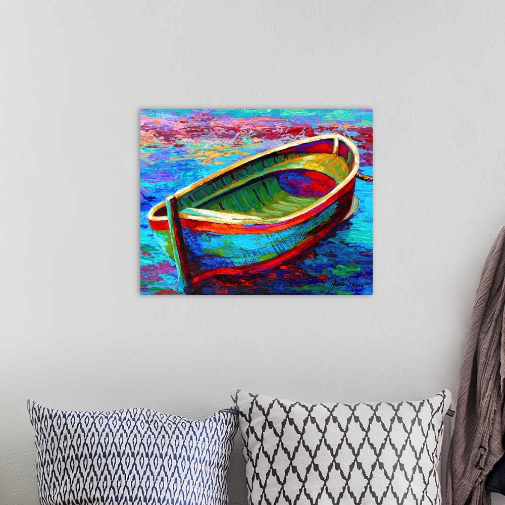 A bohemian room featuring Big canvas painting of a boat floating in water represented by a lot of different colors.