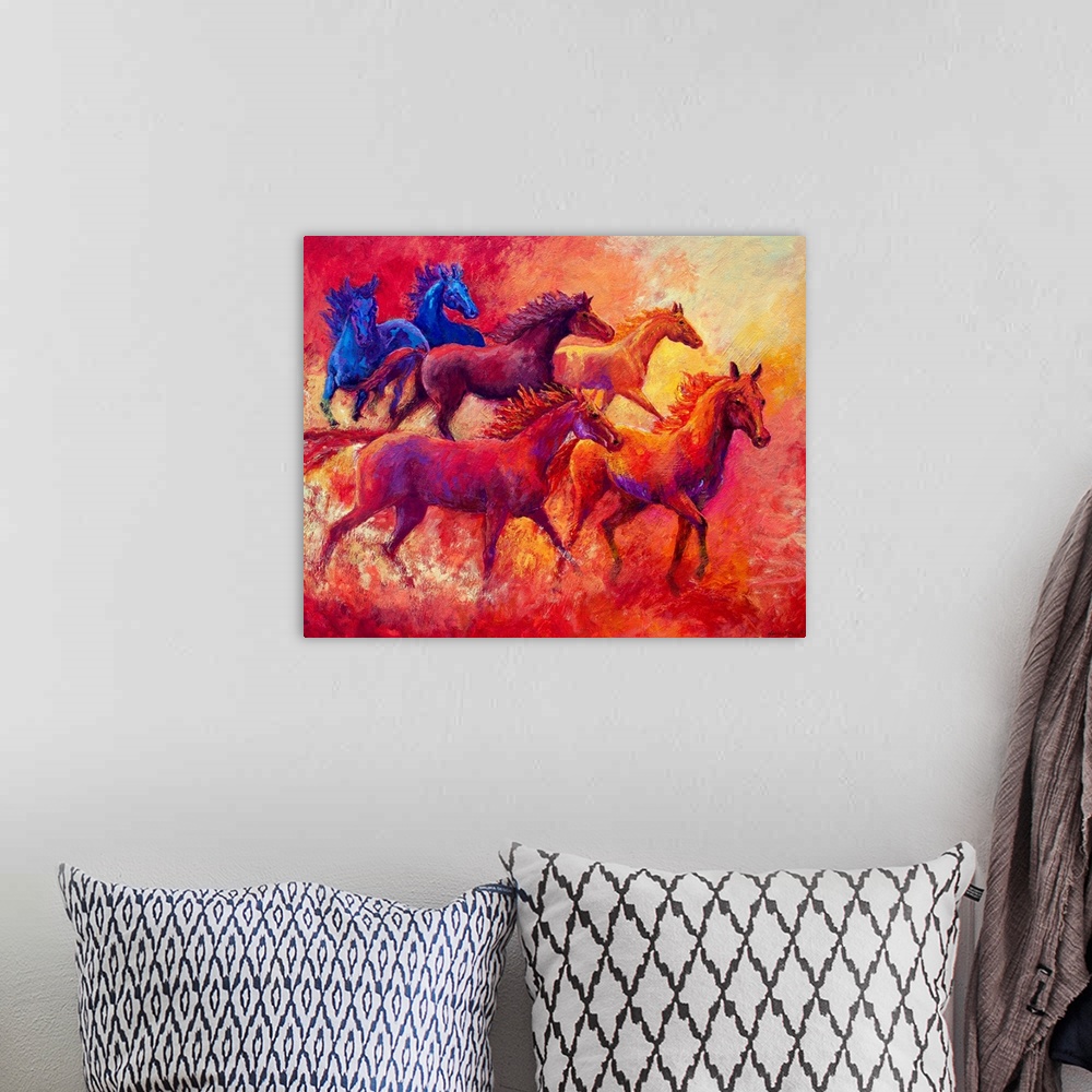 A bohemian room featuring Landscape, large contemporary painting of a group of six horses running together in the same dire...