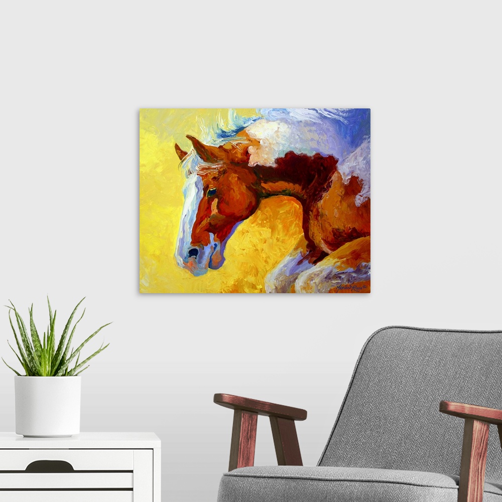 A modern room featuring A brightly colored contemporary painting of a charging Paint stallion, his neck arched as he gall...