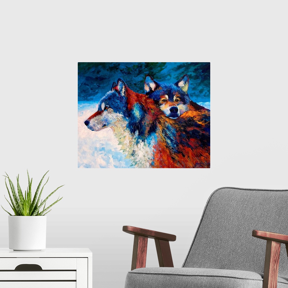 A modern room featuring Contemporary painting of two wolves in the snow at night.
