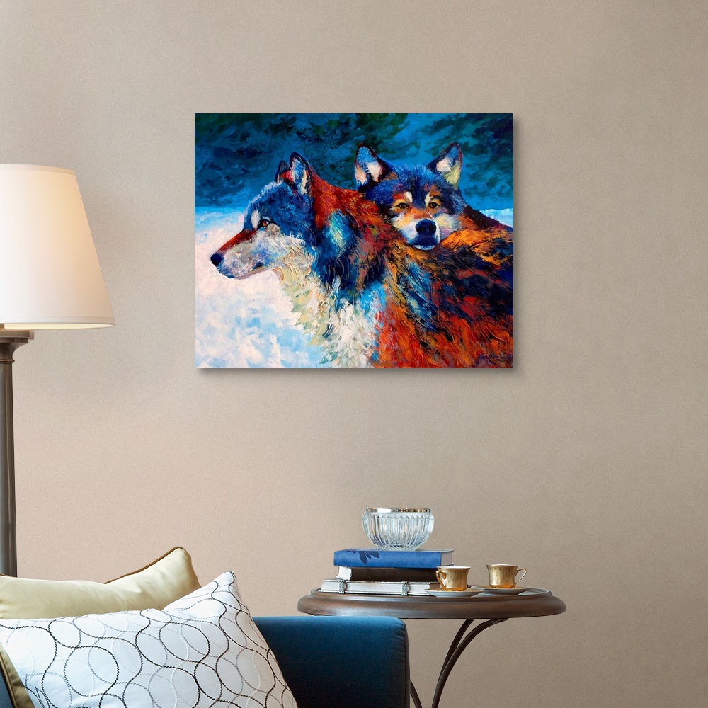 A traditional room featuring Contemporary painting of two wolves in the snow at night.