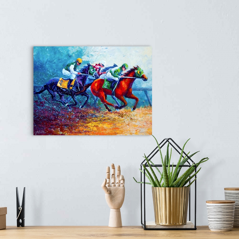 A bohemian room featuring Contemporary drawing of horses racing on a track kicking up dirt behind them.