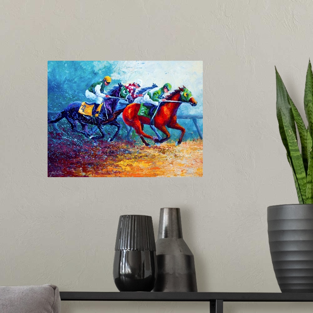 A modern room featuring Contemporary drawing of horses racing on a track kicking up dirt behind them.