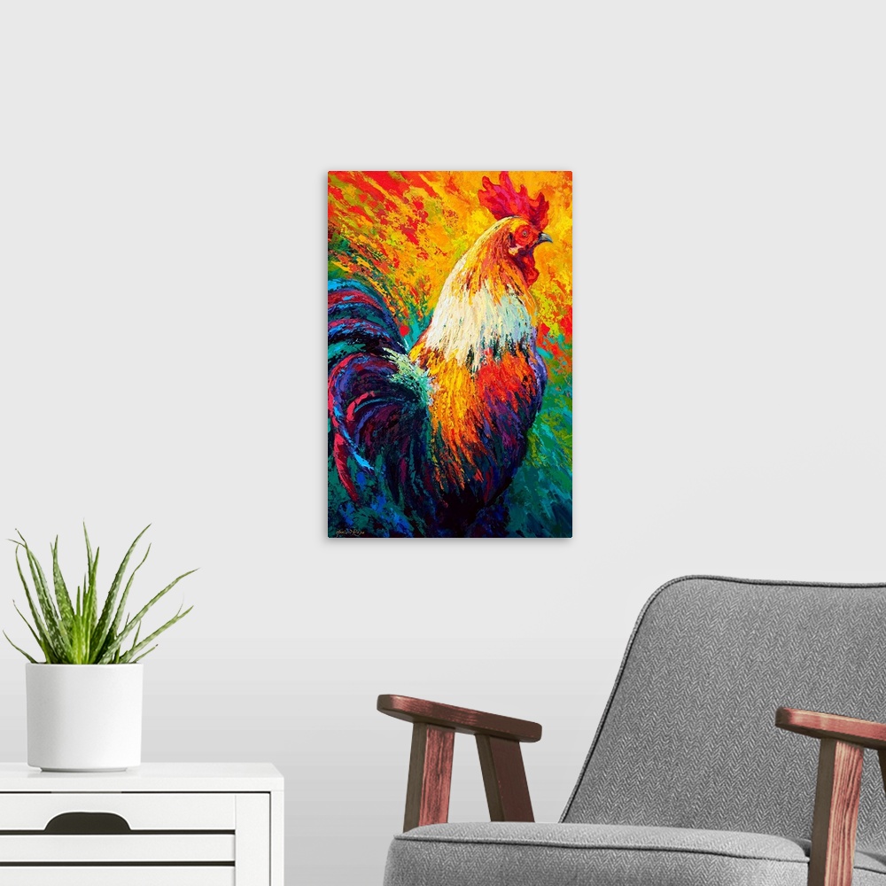 A modern room featuring A rainbow of colors are used to paint a portrait of a single rooster.
