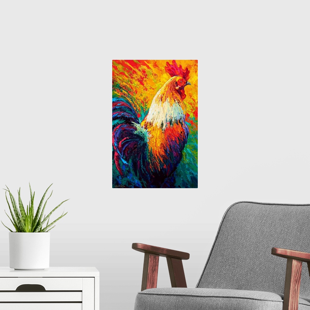 A modern room featuring A rainbow of colors are used to paint a portrait of a single rooster.