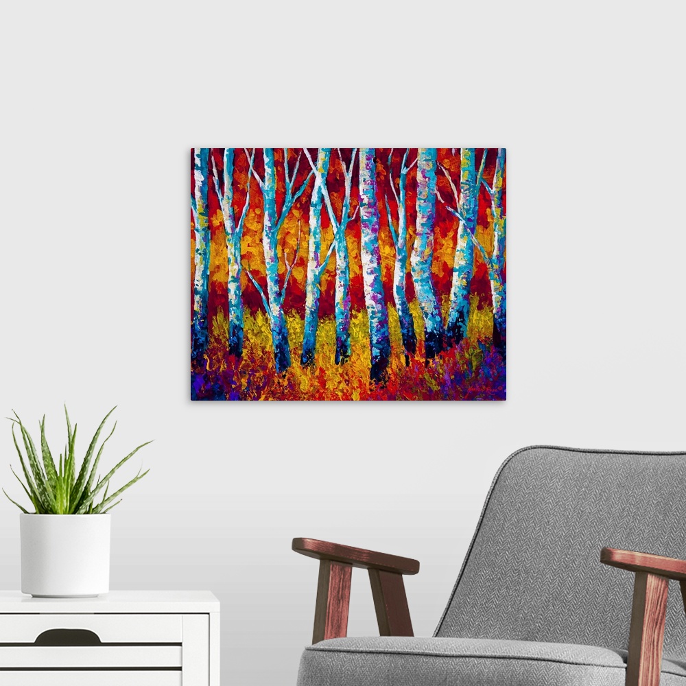 A modern room featuring Colorful bright contemporary painting of trees in a forest with undergrowth.