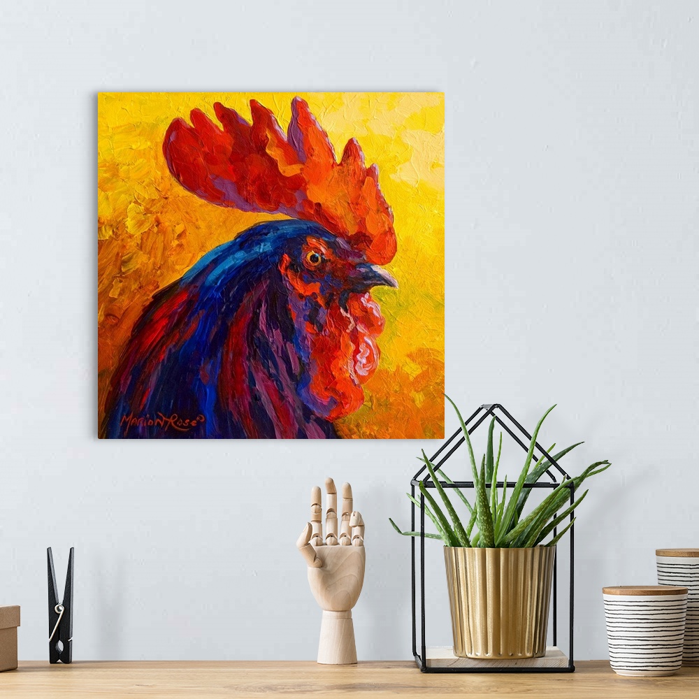A bohemian room featuring Blues and purple colors are used to paint the body of a rooster as it's surrounded by much warmer...