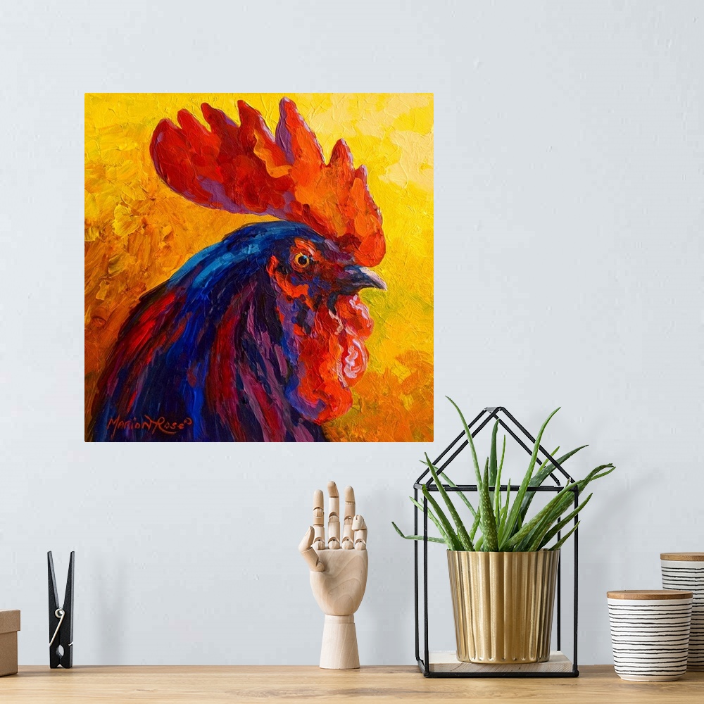 A bohemian room featuring Blues and purple colors are used to paint the body of a rooster as it's surrounded by much warmer...