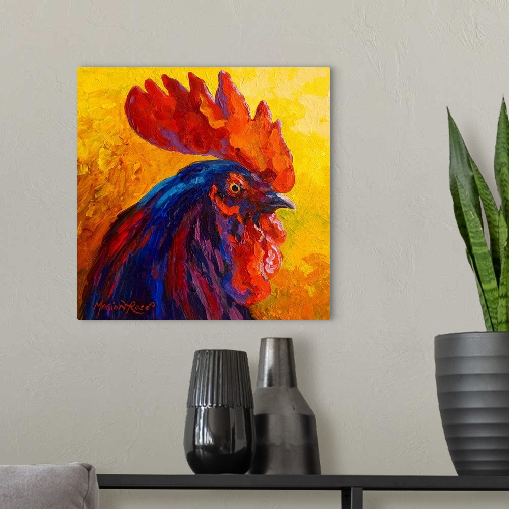 A modern room featuring Blues and purple colors are used to paint the body of a rooster as it's surrounded by much warmer...
