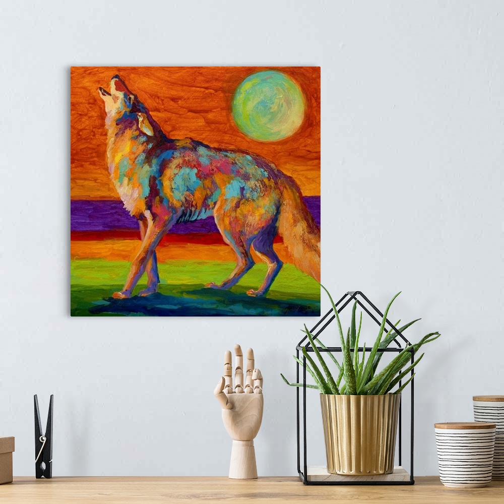A bohemian room featuring Square, oversized contemporary painting of a wolf standing on a rocky ledge, howling at the sky b...