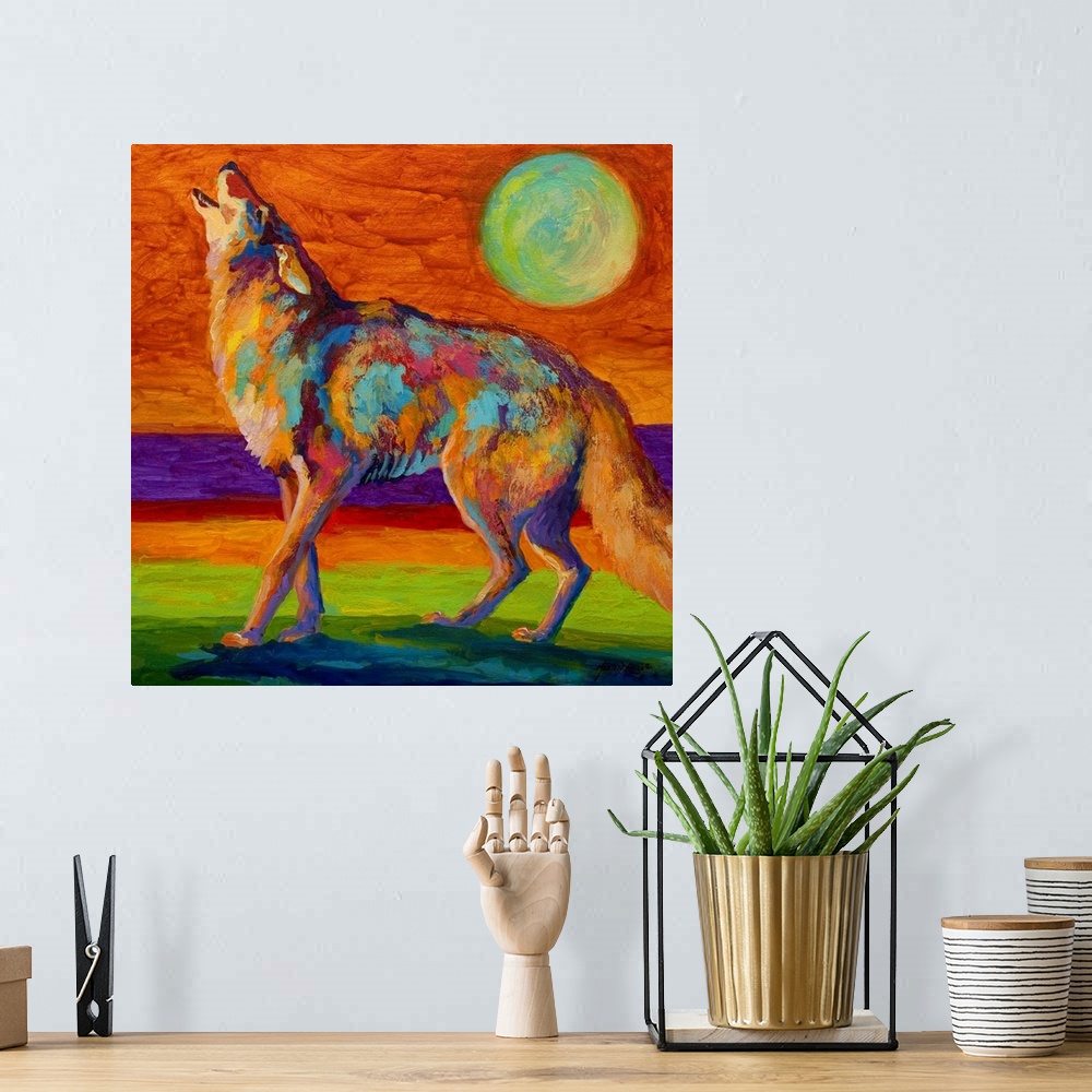 A bohemian room featuring Square, oversized contemporary painting of a wolf standing on a rocky ledge, howling at the sky b...