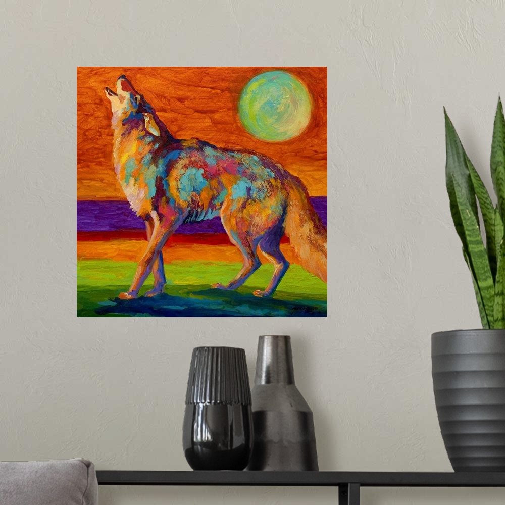 A modern room featuring Square, oversized contemporary painting of a wolf standing on a rocky ledge, howling at the sky b...