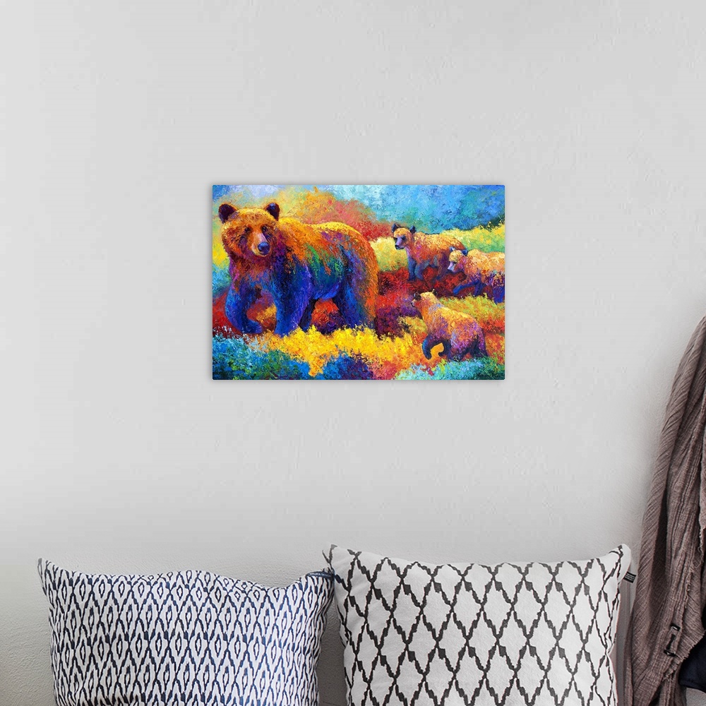 A bohemian room featuring Big abstract painting on canvas of a mother bear walking through a colorful field with three baby...