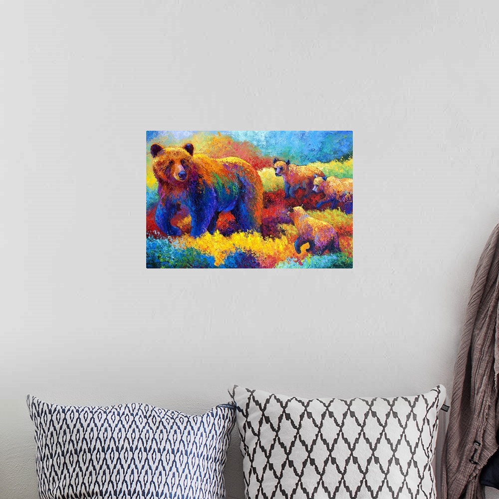 A bohemian room featuring Big abstract painting on canvas of a mother bear walking through a colorful field with three baby...