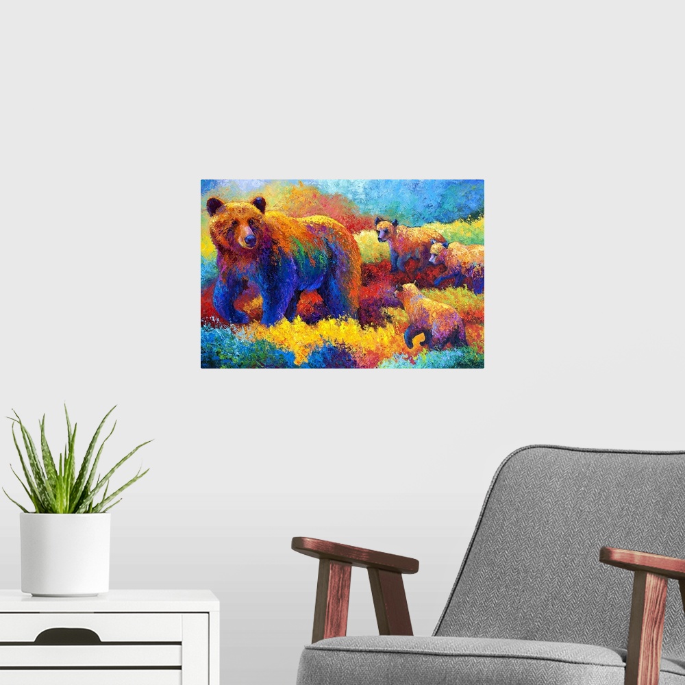 A modern room featuring Big abstract painting on canvas of a mother bear walking through a colorful field with three baby...