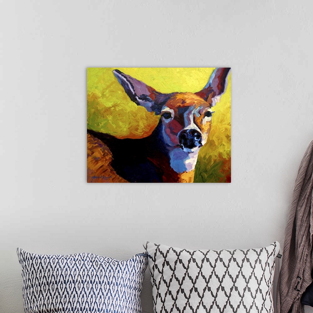 A bohemian room featuring Abstract painting on canvas of a deer with long brush stroke textures.