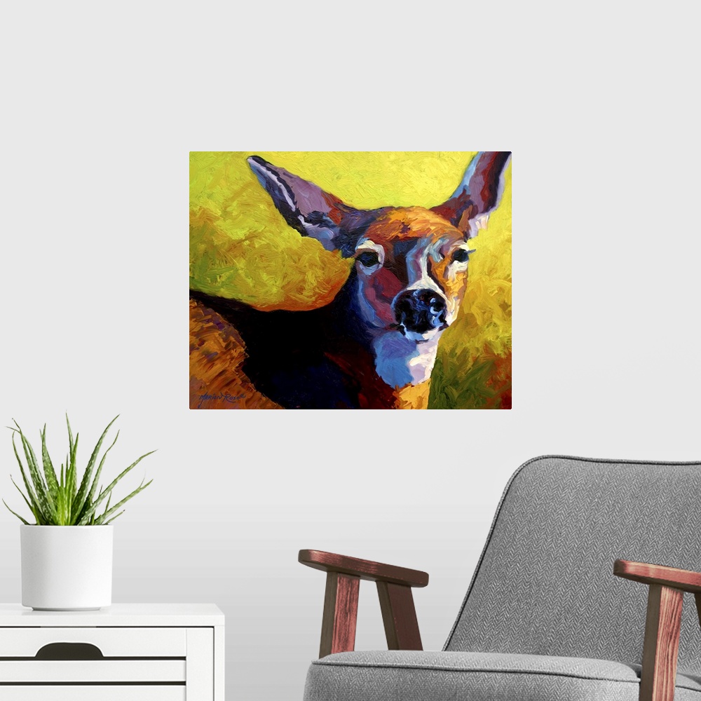 A modern room featuring Abstract painting on canvas of a deer with long brush stroke textures.