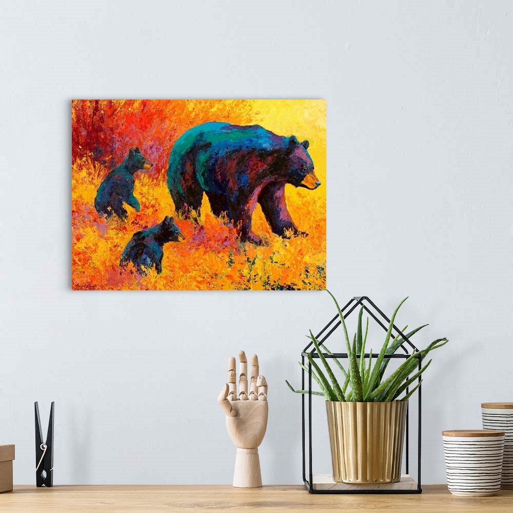 A bohemian room featuring Contemporary artwork of a mother black bear with her two cubs by her side amongst warmly colored ...