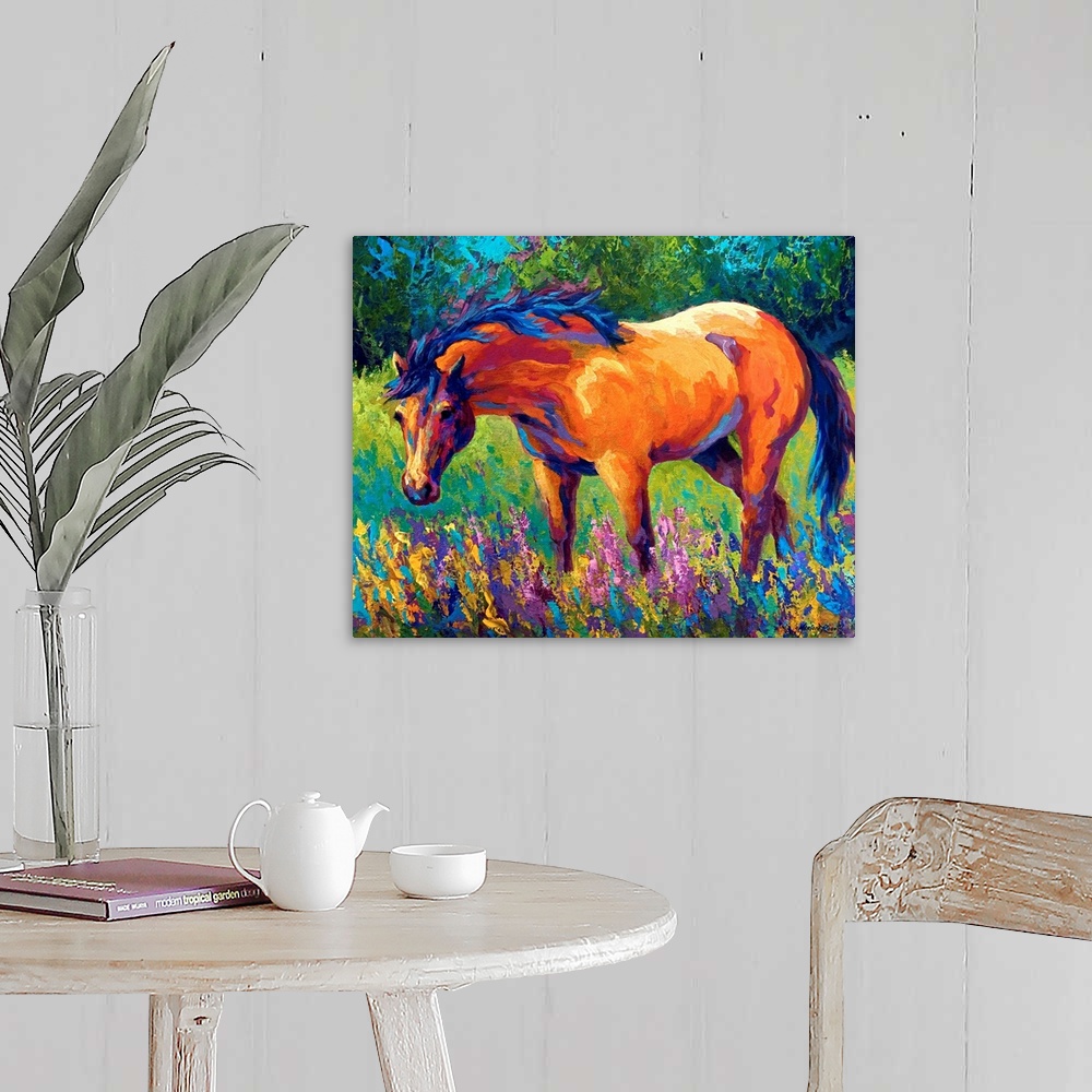 A farmhouse room featuring A contemporary painting of a horse gazing in the outdoors surrounded by wild flowers; this horizo...