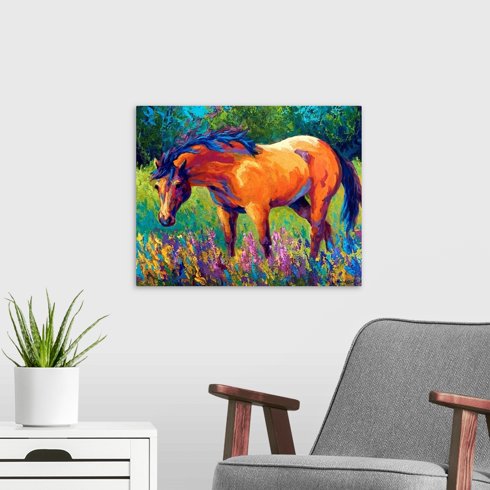 A modern room featuring A contemporary painting of a horse gazing in the outdoors surrounded by wild flowers; this horizo...
