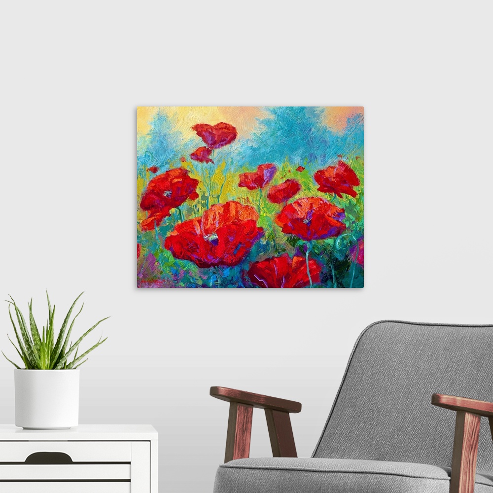 A modern room featuring Painting of a field of brightly colored flowers in a meadow with dark trees at the edge.