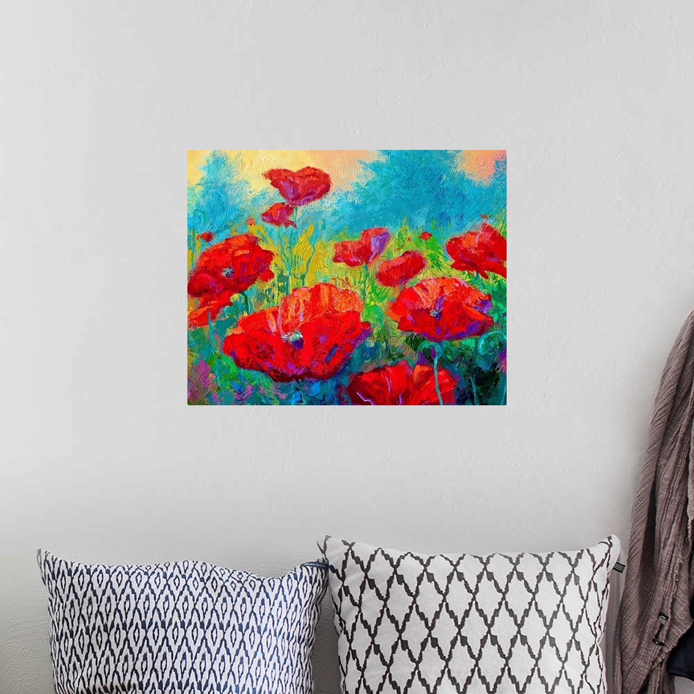 A bohemian room featuring Contemporary painting of a brightly colored field of flowers with a forest and warm sky in the ba...
