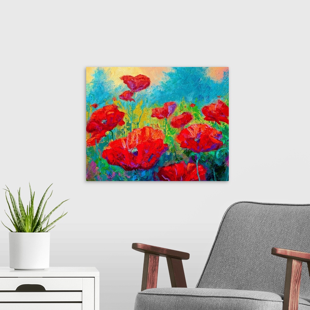 A modern room featuring Contemporary painting of a brightly colored field of flowers with a forest and warm sky in the ba...