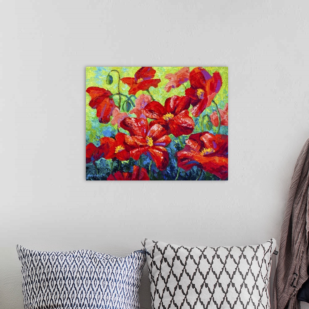 A bohemian room featuring A contemporary painting of large floral blossoms created with heavily textured brushstrokes.