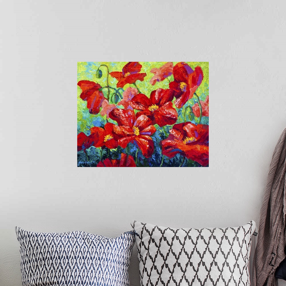 A bohemian room featuring A contemporary painting of large floral blossoms created with heavily textured brushstrokes.