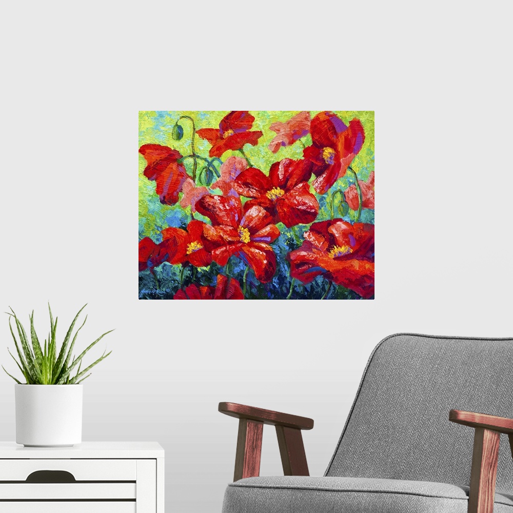 A modern room featuring A contemporary painting of large floral blossoms created with heavily textured brushstrokes.
