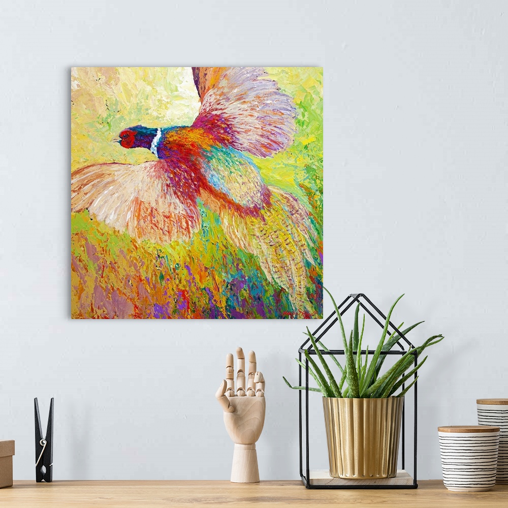 A bohemian room featuring Contemporary painting of a pheasant flying out of the tall grass.