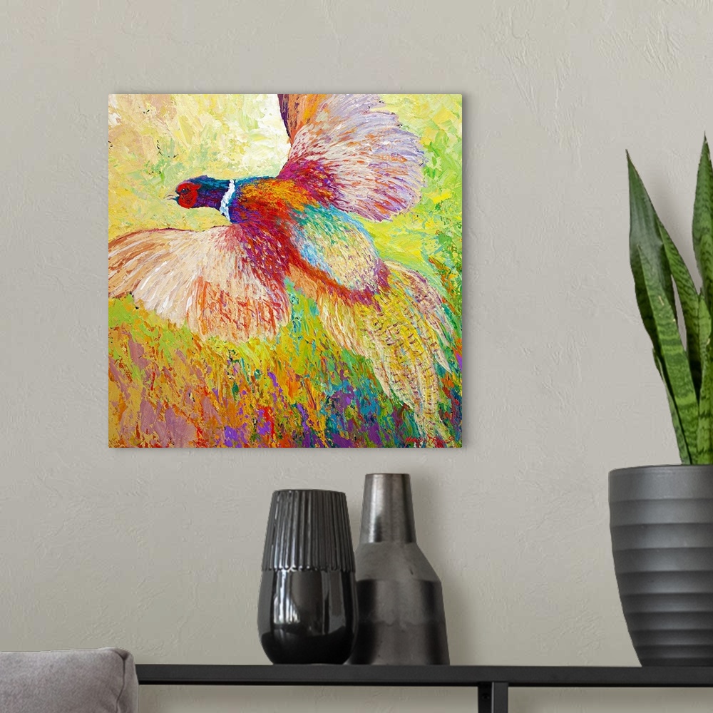 A modern room featuring Contemporary painting of a pheasant flying out of the tall grass.