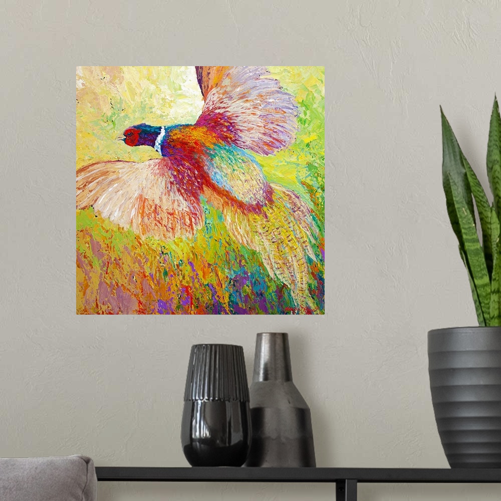 A modern room featuring Contemporary painting of a pheasant flying out of the tall grass.