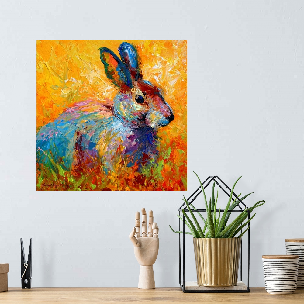 A bohemian room featuring A square painting of a wild rabbit painted with wild and unexpected colors.