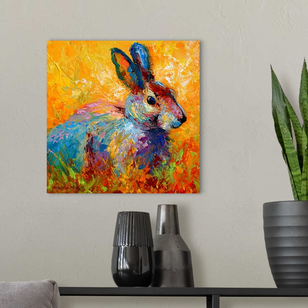 A modern room featuring A square painting of a wild rabbit painted with wild and unexpected colors.