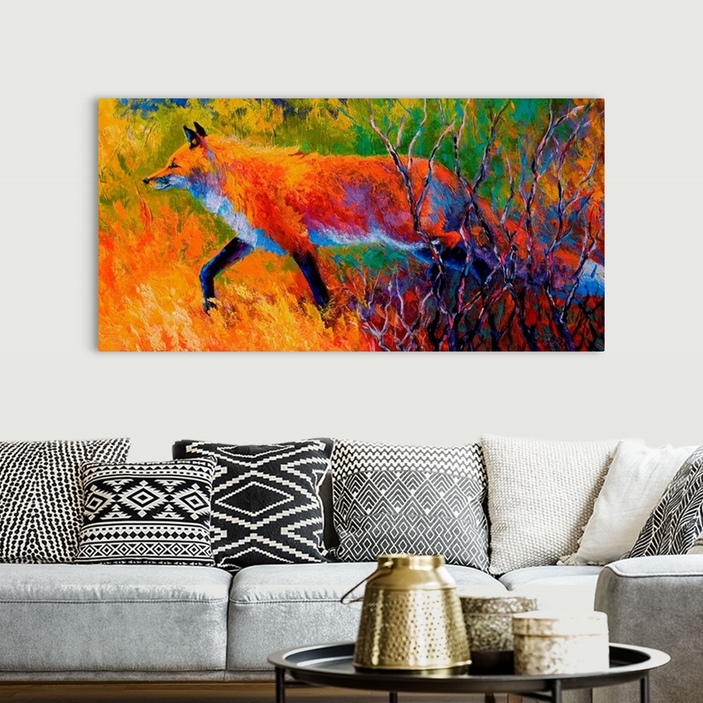 A bohemian room featuring Contemporary artwork that uses vibrant colors to paint a fox as it walks through a grassy field.