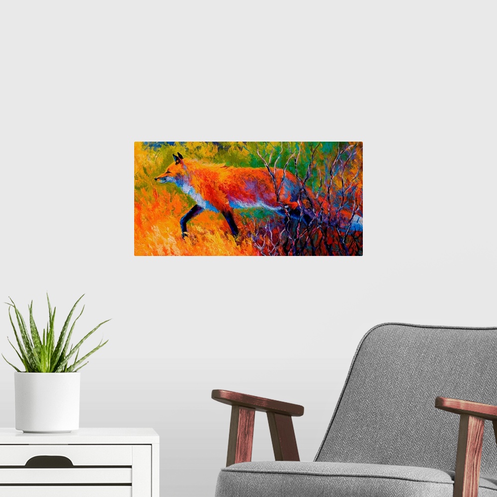 A modern room featuring Contemporary artwork that uses vibrant colors to paint a fox as it walks through a grassy field.