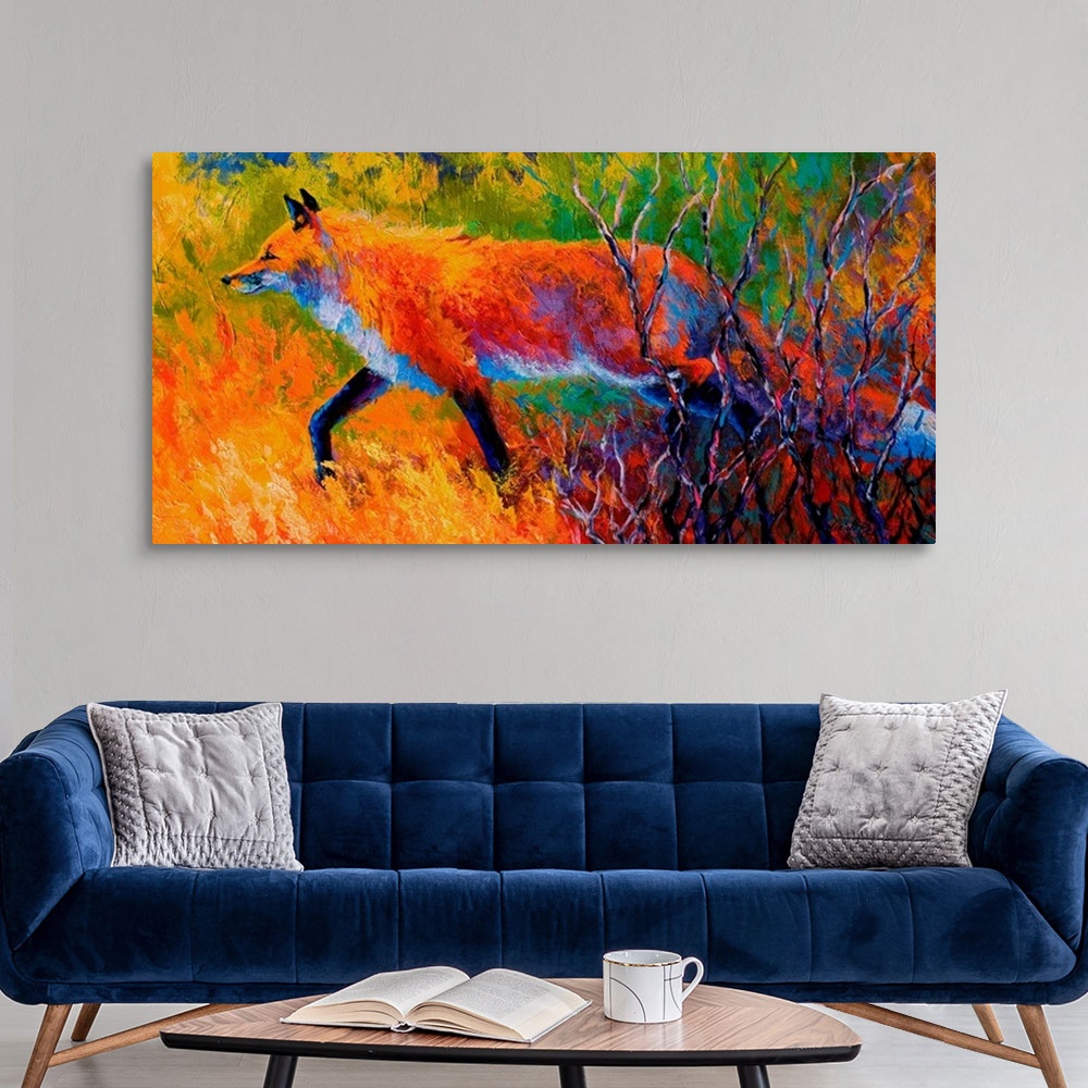 A modern room featuring Contemporary artwork that uses vibrant colors to paint a fox as it walks through a grassy field.
