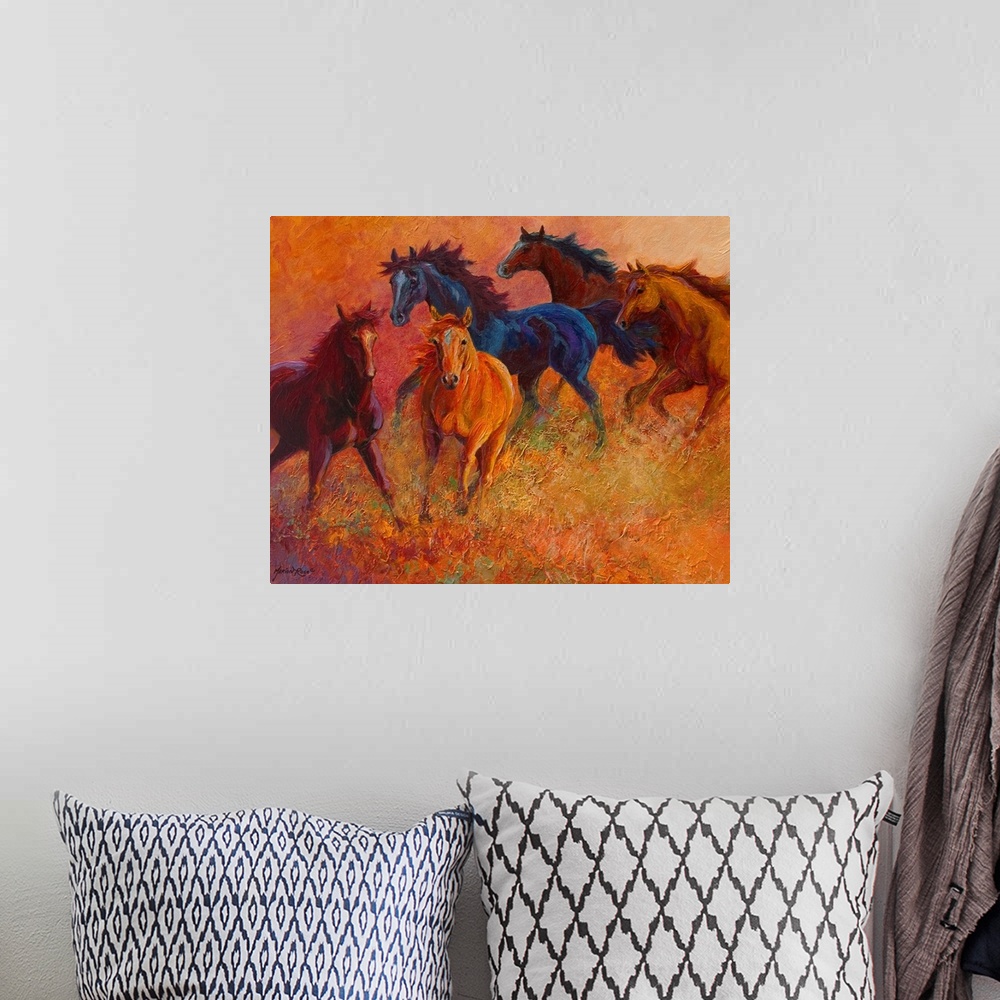 A bohemian room featuring Large contemporary art displays a group of five horses galloping through an empty field.  Artist ...