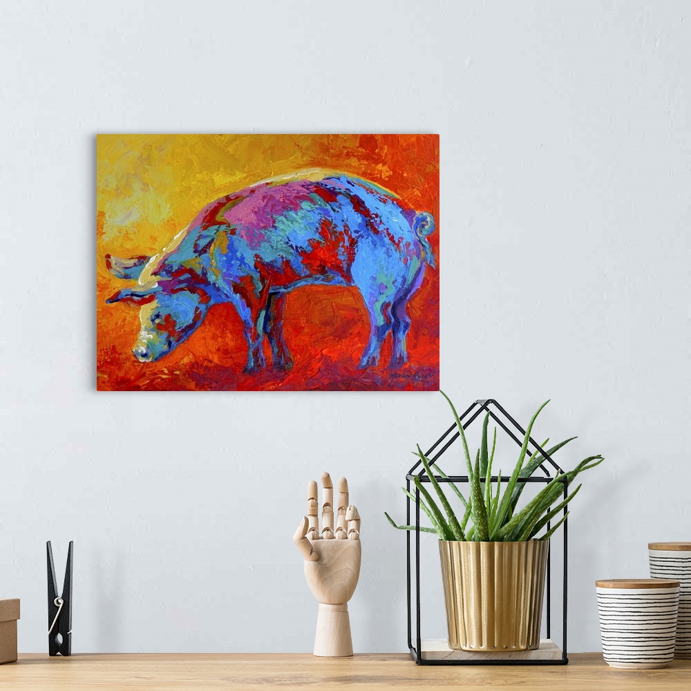 A bohemian room featuring Vibrant tones are used to paint a picture of a pig that is surrounded by fiery colors.