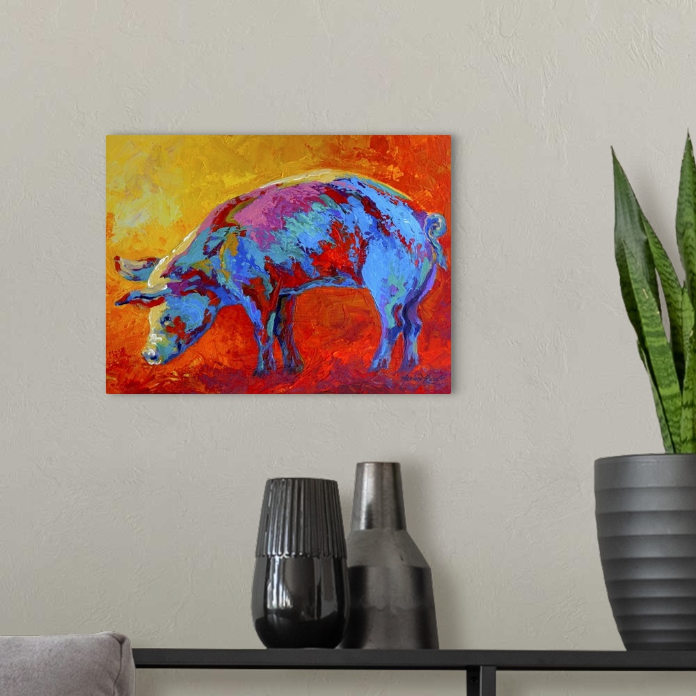 A modern room featuring Vibrant tones are used to paint a picture of a pig that is surrounded by fiery colors.