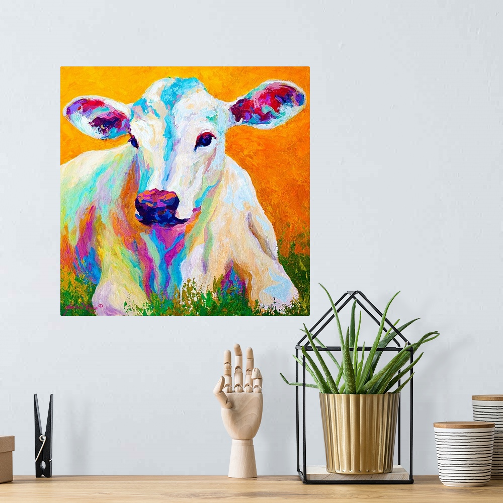 A bohemian room featuring Vibrant colors are used to paint a portrait of a baby calf as it lays in the grass.