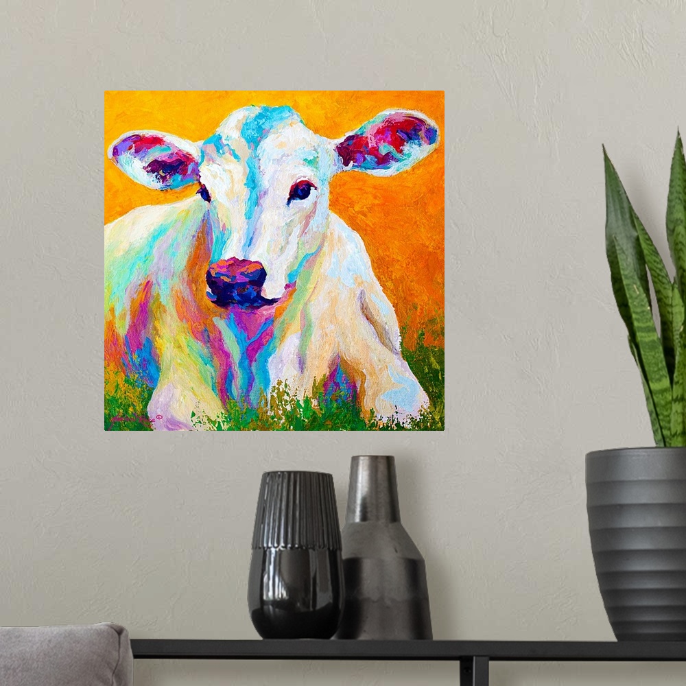 A modern room featuring Vibrant colors are used to paint a portrait of a baby calf as it lays in the grass.