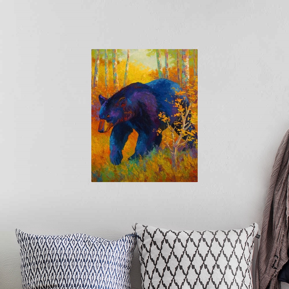 A bohemian room featuring Large, portrait painting of a giant black bear walking through a clearing in a forest of brightly...