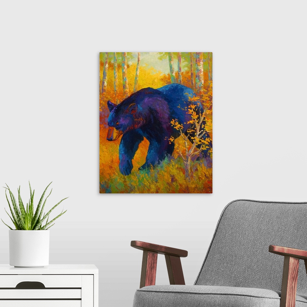 A modern room featuring Large, portrait painting of a giant black bear walking through a clearing in a forest of brightly...