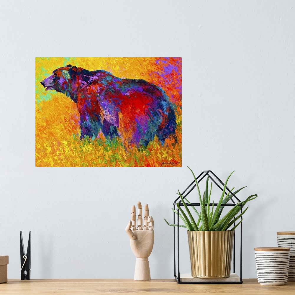 A bohemian room featuring Abstract painting on canvas of a bear made up of multicolored brushstrokes.