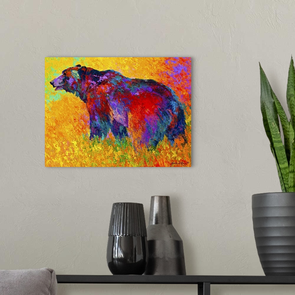 A modern room featuring Abstract painting on canvas of a bear made up of multicolored brushstrokes.